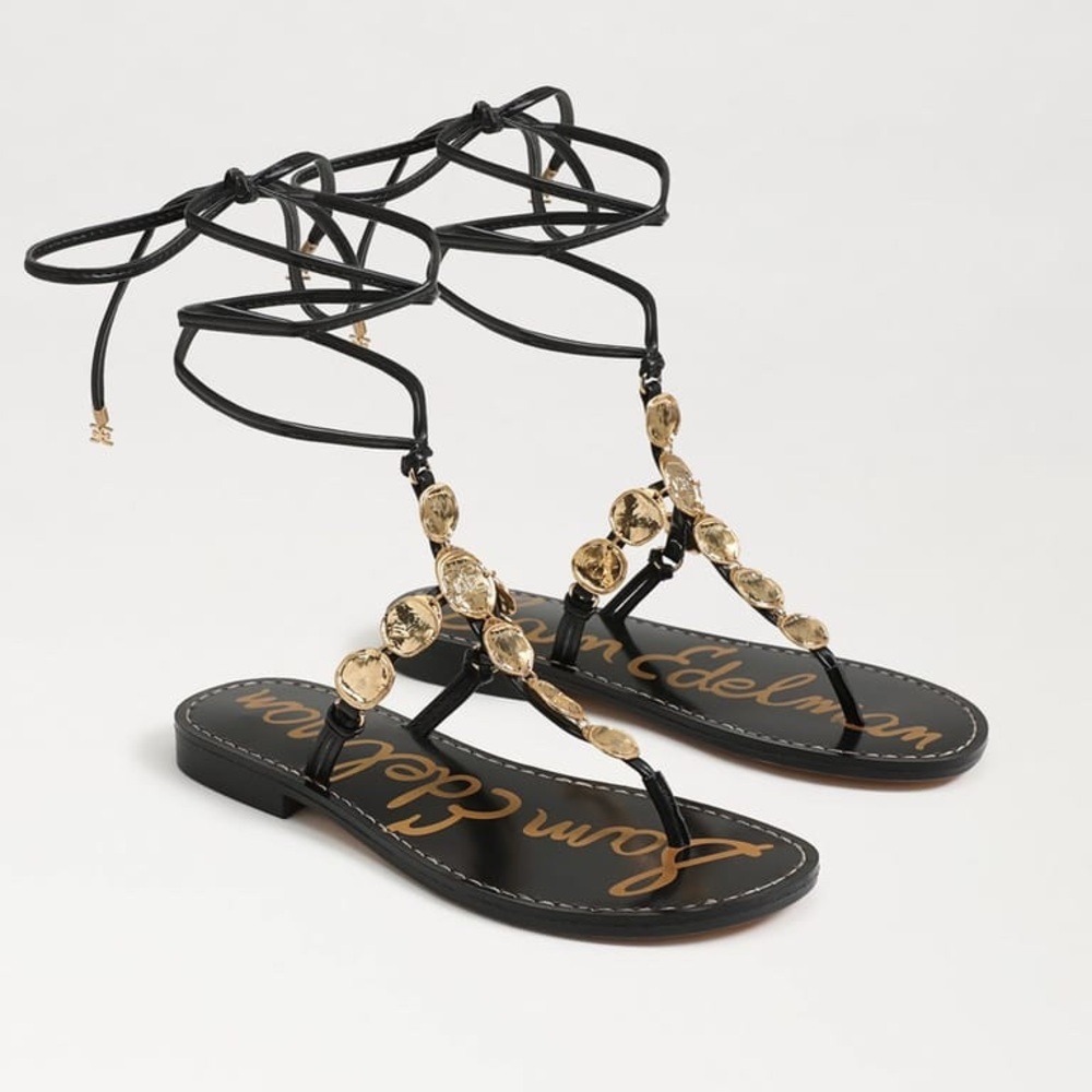 Sam Edelman Black Deirdre Wrap Leather Lace-Up Sandals Gold Coin Details Size 6